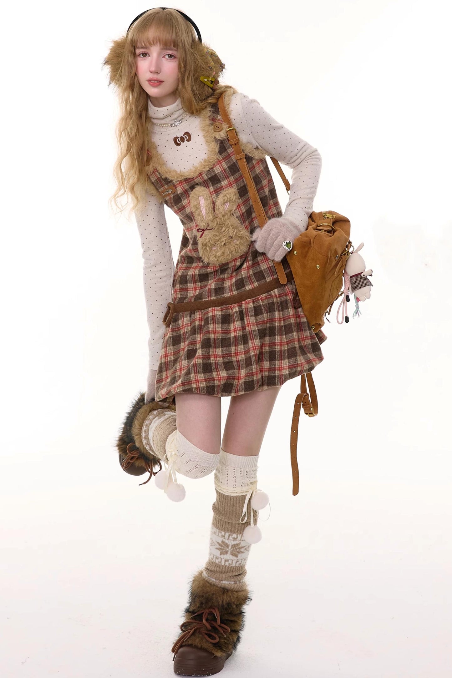 Autumn Reddish-Brown Plaid Rabbit Pocket Vest Dress