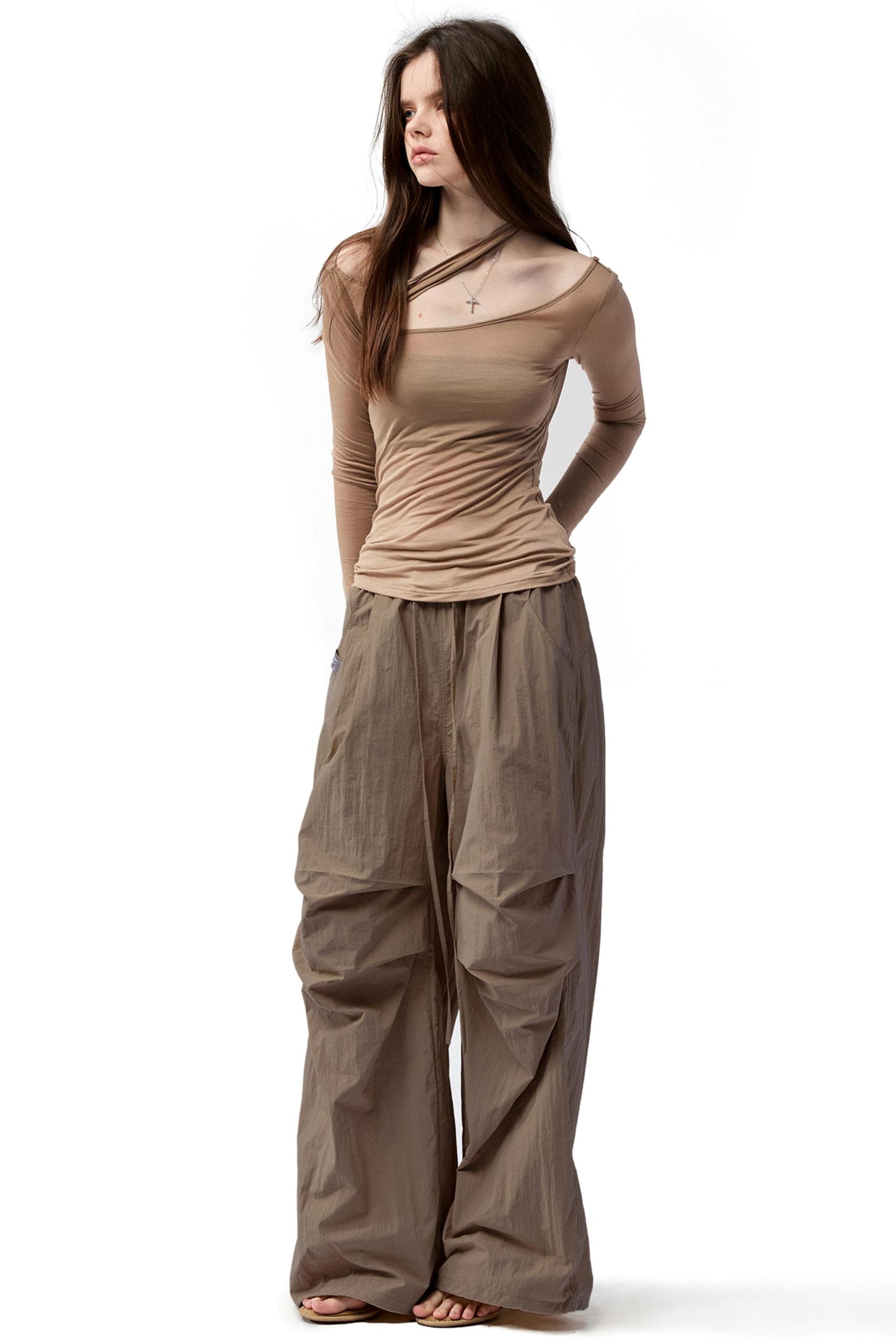 Slanted Shoulder Long-Sleeved T-Shirt