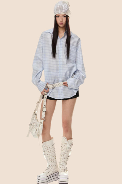 EZEK 아메리칸 레트로 더블 칼라 체크 셔츠 여성용 루즈 슬림 셔츠 재킷 봄 신상 트렌디 브랜드 