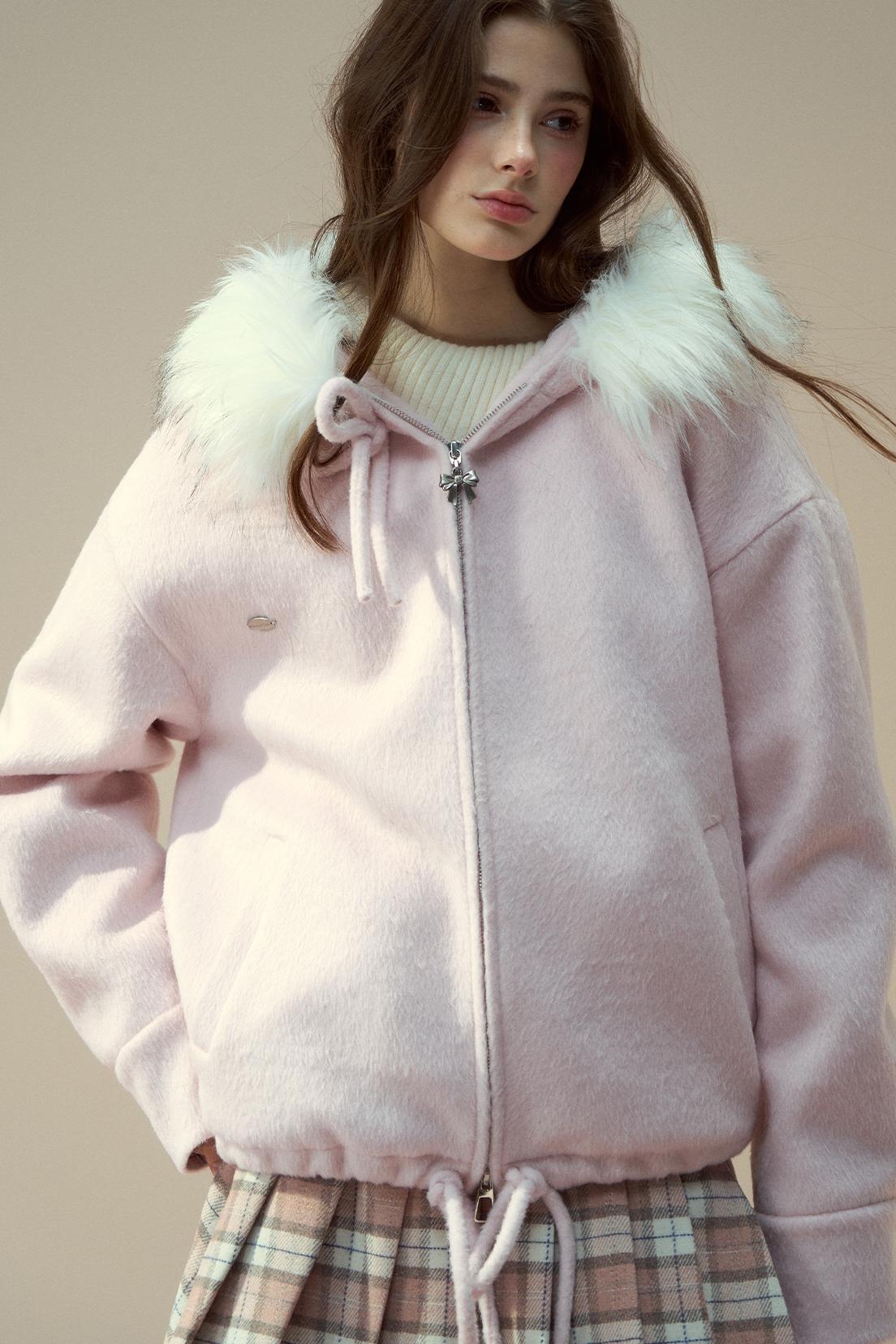 Gray Pink Wool Fur Collar Jacket