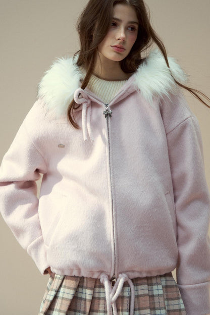 Gray Pink Wool Fur Collar Jacket