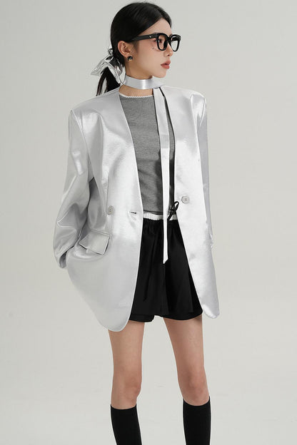 Glossy V-Neck Drape Jacket