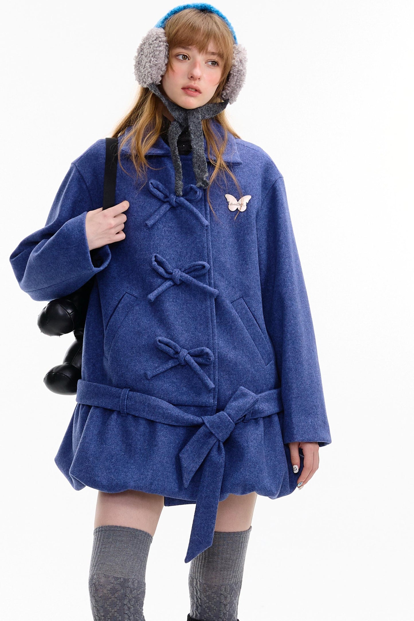 American Retro Bow Pocket Woolen Coat