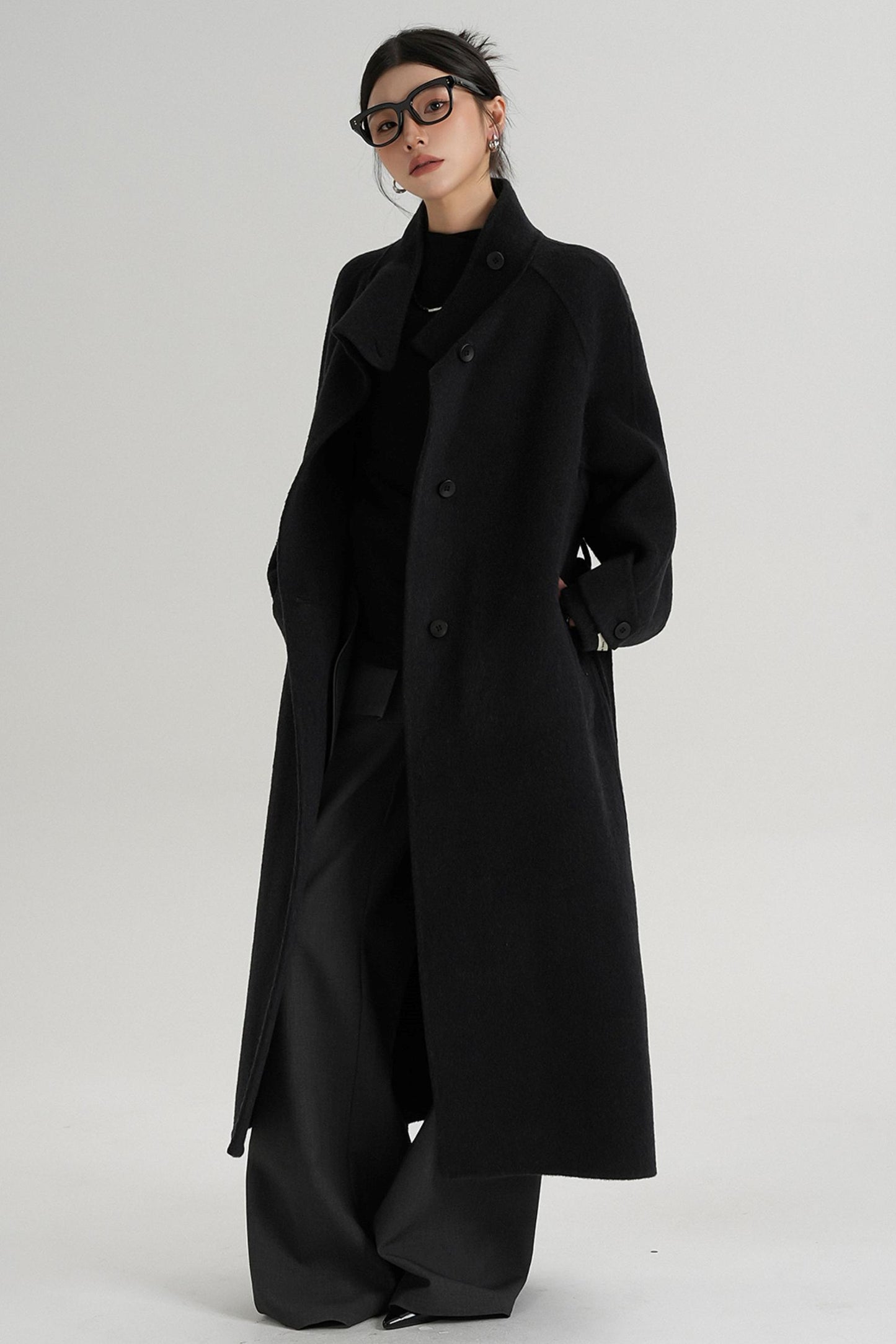 Temperament Diagonal Buckle Wool Coat