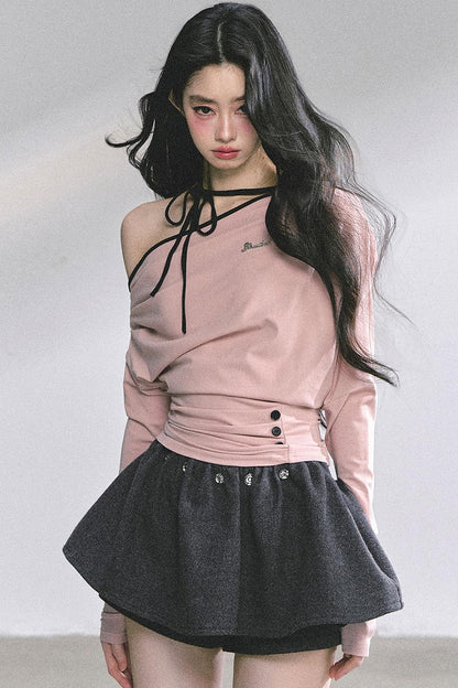 Korean Autumn Gray Halterneck Top