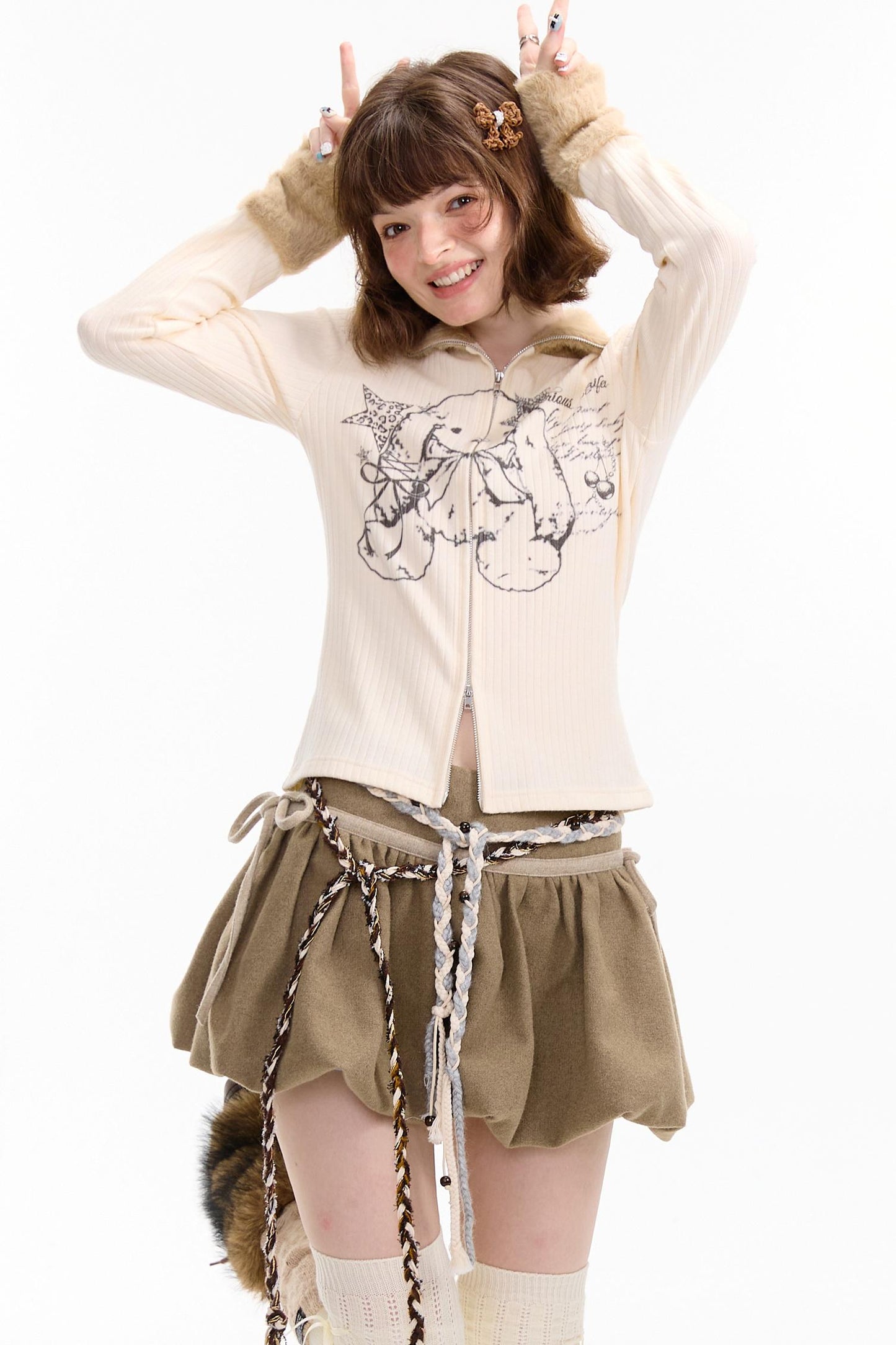 Fur Collar Zipper Rabbit Print Turtleneck Knitted Top