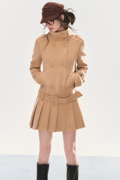 Stand Collar Pleated Coat Dress
