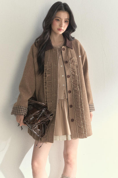 Vintage Khaki Houndstooth Wool Coat