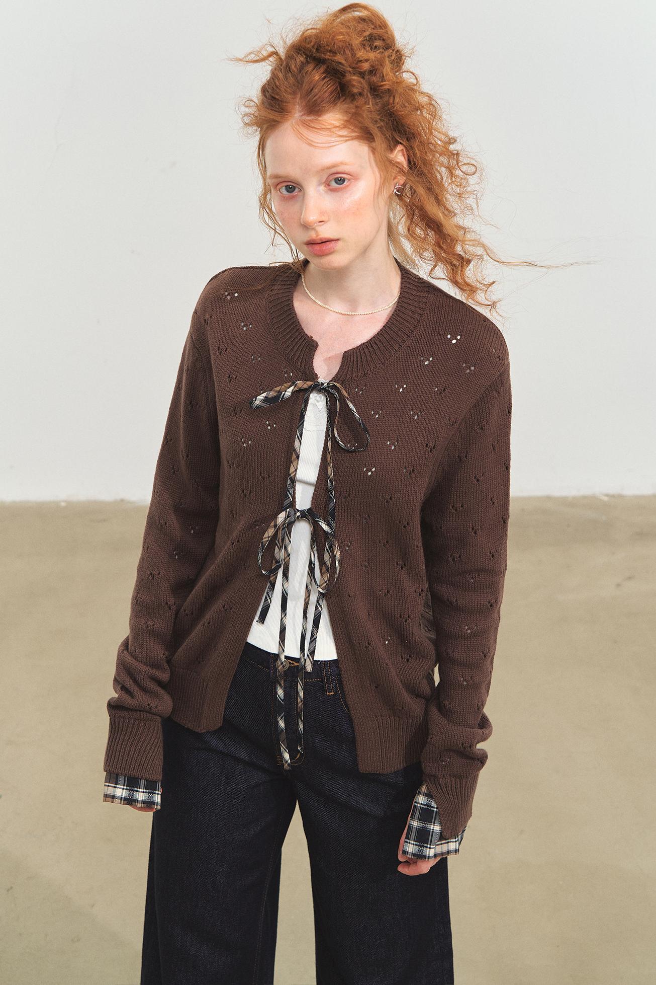 Vintage Plaid Lace-Up Cardigan