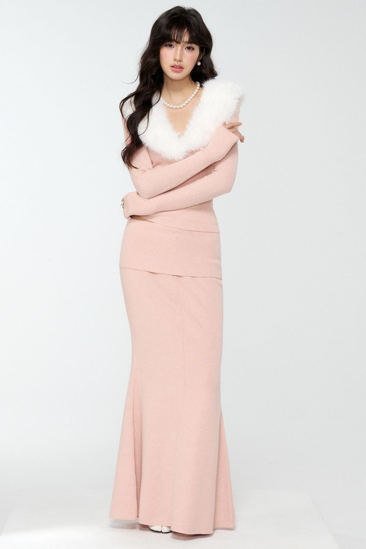 Pink Fur Collar Sweater With Fur Collar Set-Up