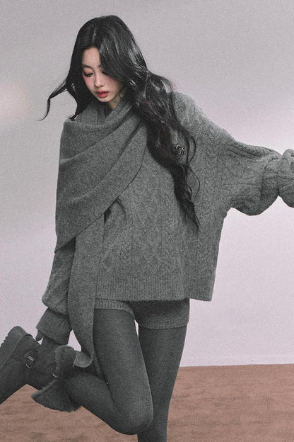 Winter Knitted Scarf Sweater Shorts Set-Up