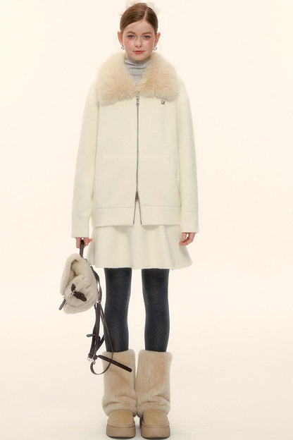 Wool Fur Collar Knit Jacket Set-Up