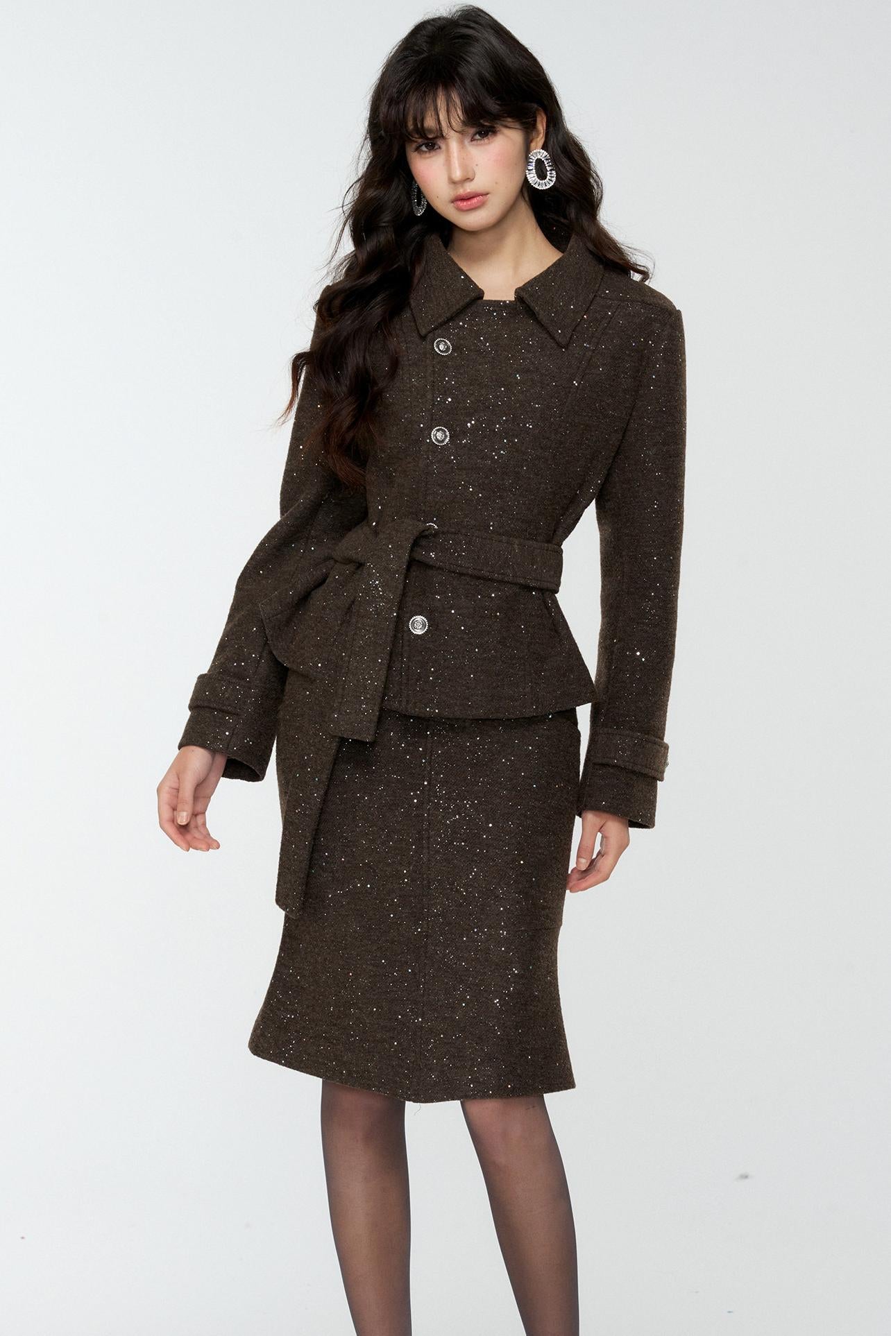 Dark Brown Tweed Jacket And Skirt Set-Up