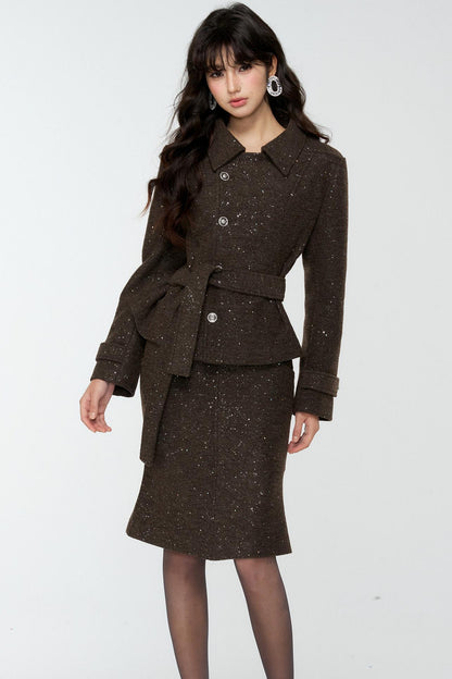 Dark Brown Tweed Jacket And Skirt Set-Up