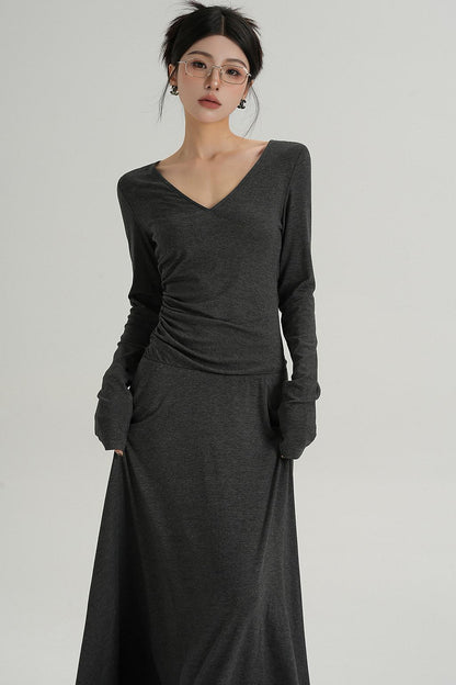 브이넥 블랙 롱 드레스 