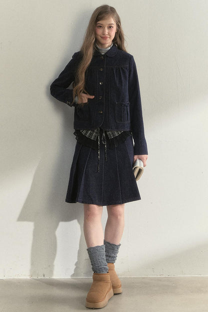 Vintage Dot Denim Pleated Jacket Skirt Set-Up