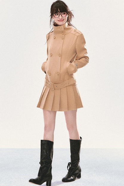 Stand Collar Pleated Coat Dress