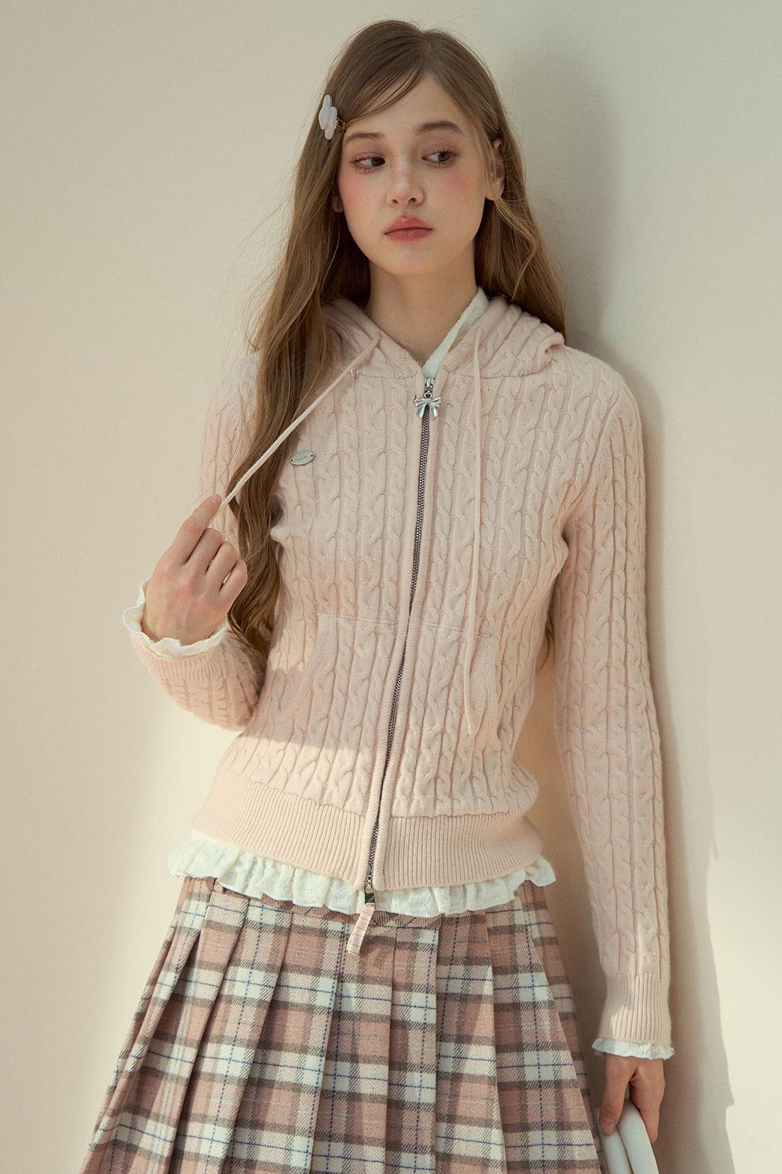 Milk Powder Fur Collar Knit Jacket