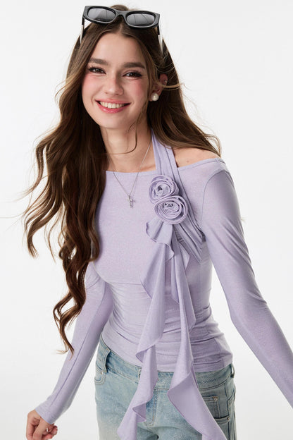 Entanglement Mesh Flower Pleated Off-the-Shoulder T-Shirt