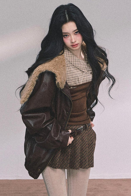 Knitted Long-Sleeved Plaid Top