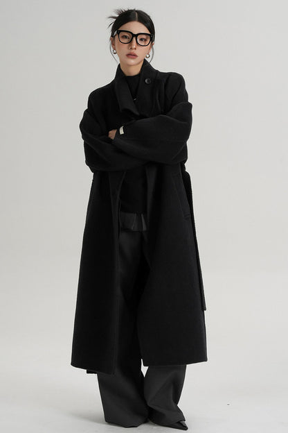 Temperament Diagonal Buckle Wool Coat