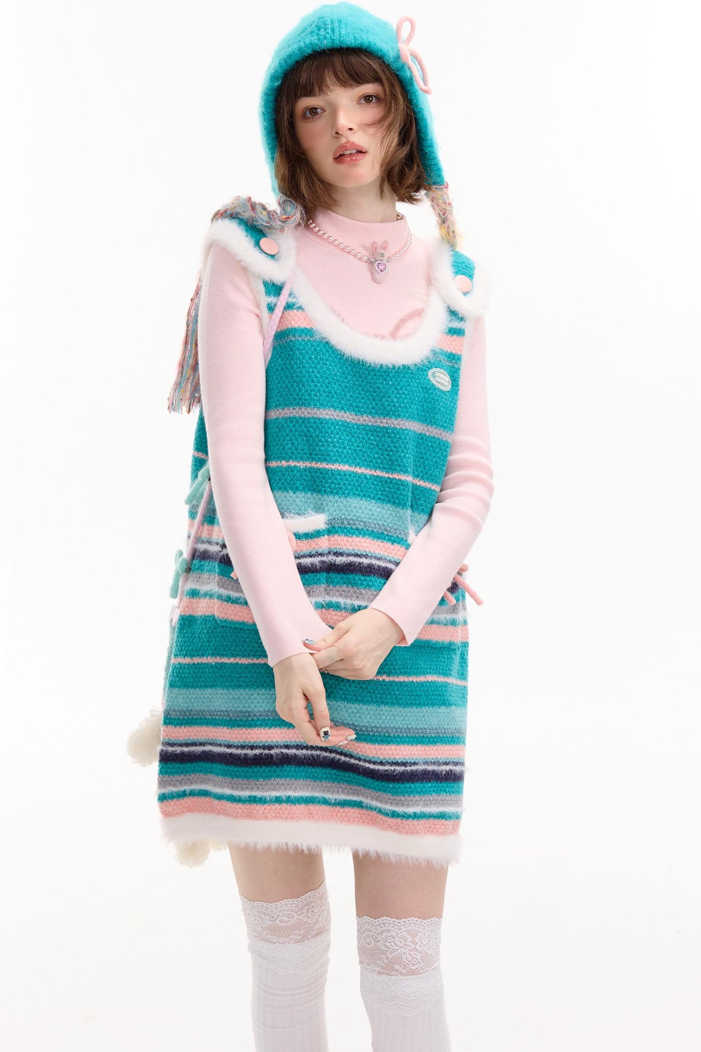 American Retro Striped Bow Knitted Vest Dress