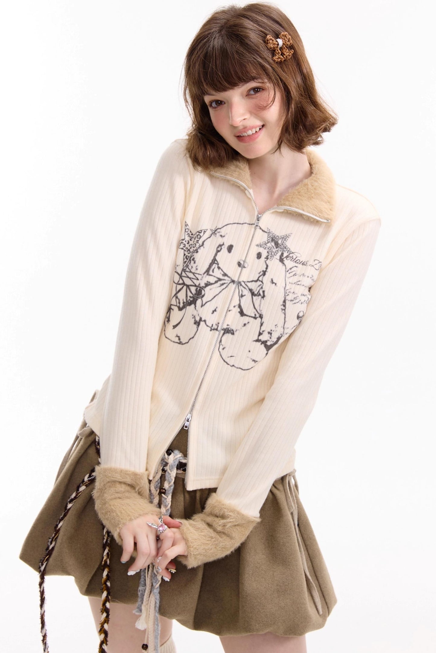Fur Collar Zipper Rabbit Print Turtleneck Knitted Top