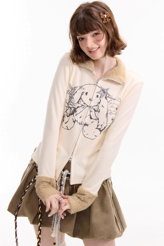 Fur Collar Zipper Rabbit Print Turtleneck Knitted Top