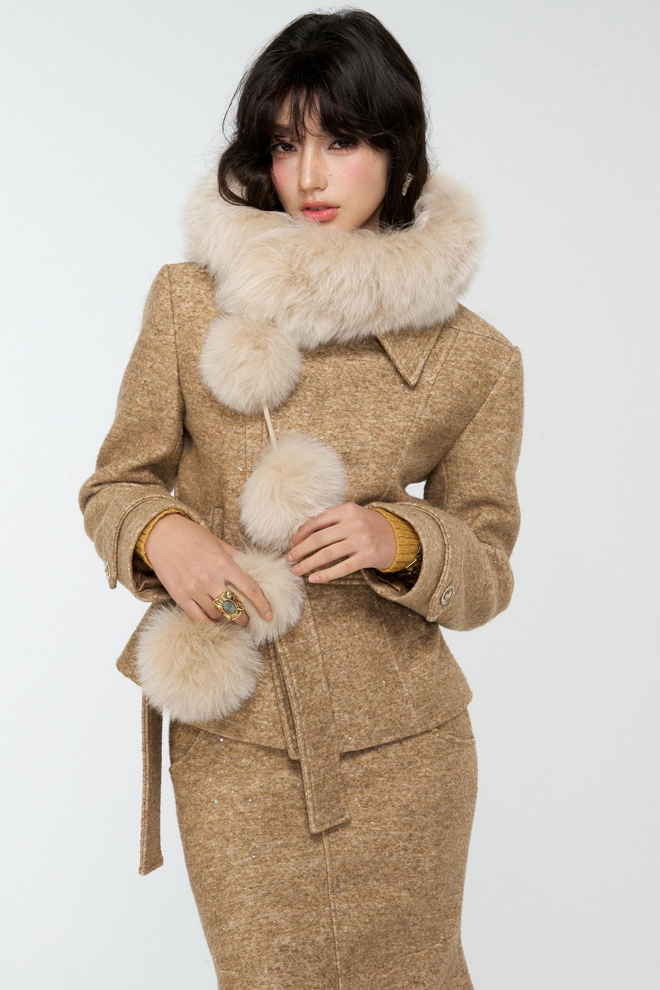 Khaki Tweed Jacket And Skirt Set-Up