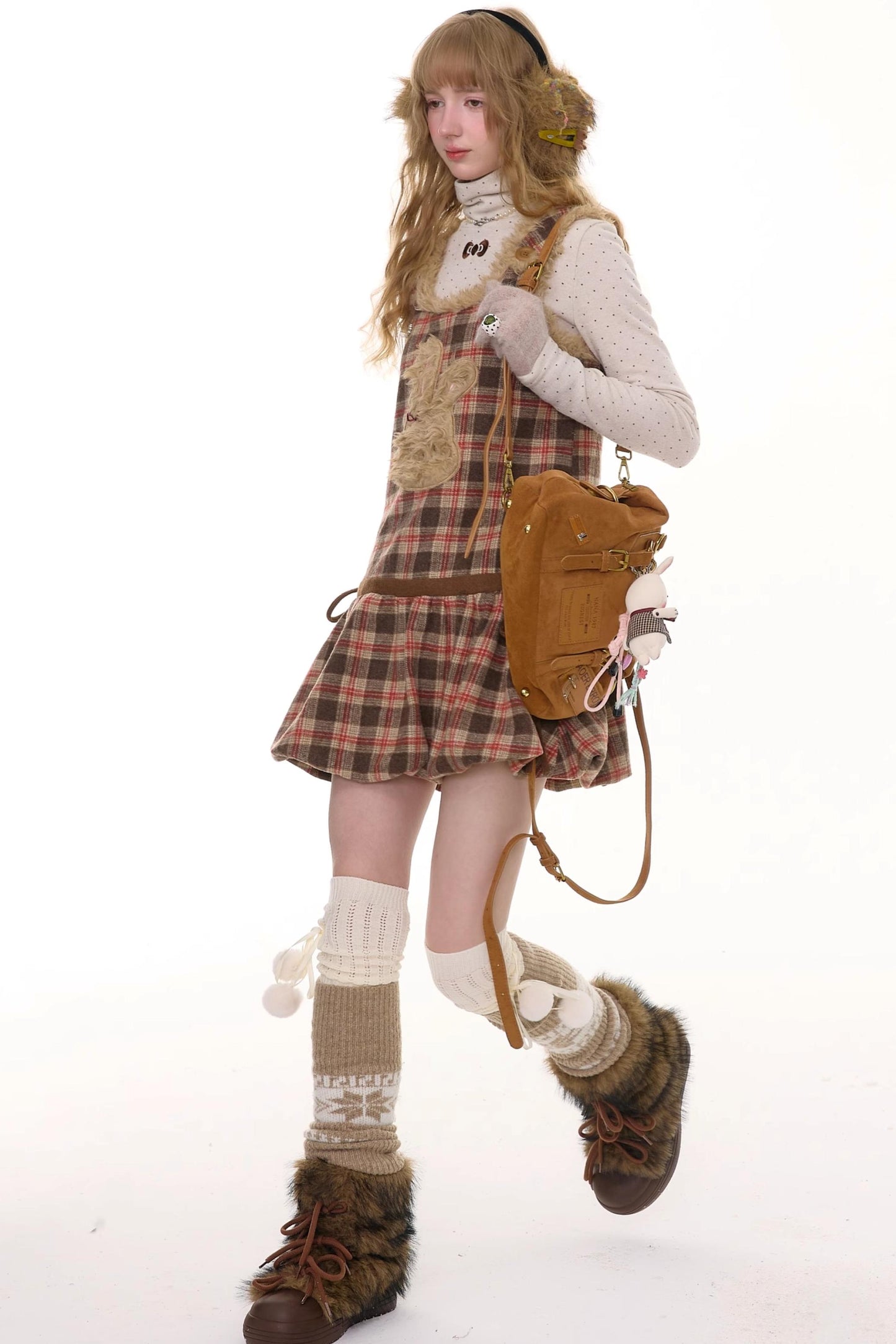 Autumn Reddish-Brown Plaid Rabbit Pocket Vest Dress