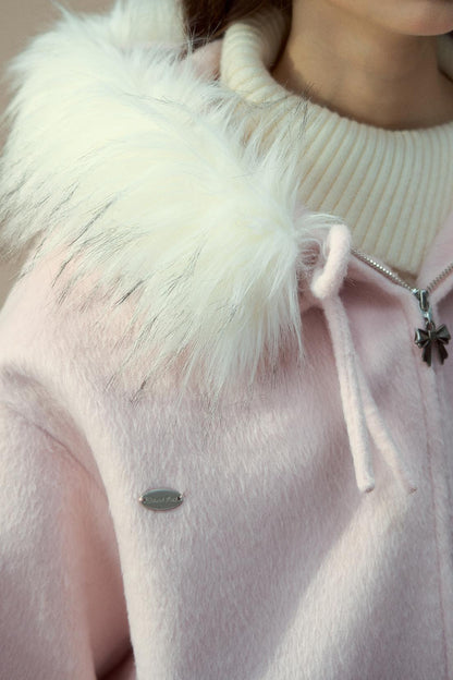 Gray Pink Wool Fur Collar Jacket