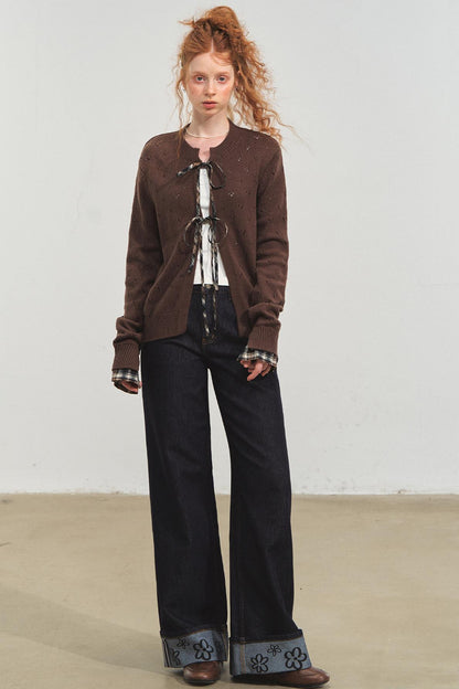 Vintage Plaid Lace-Up Cardigan