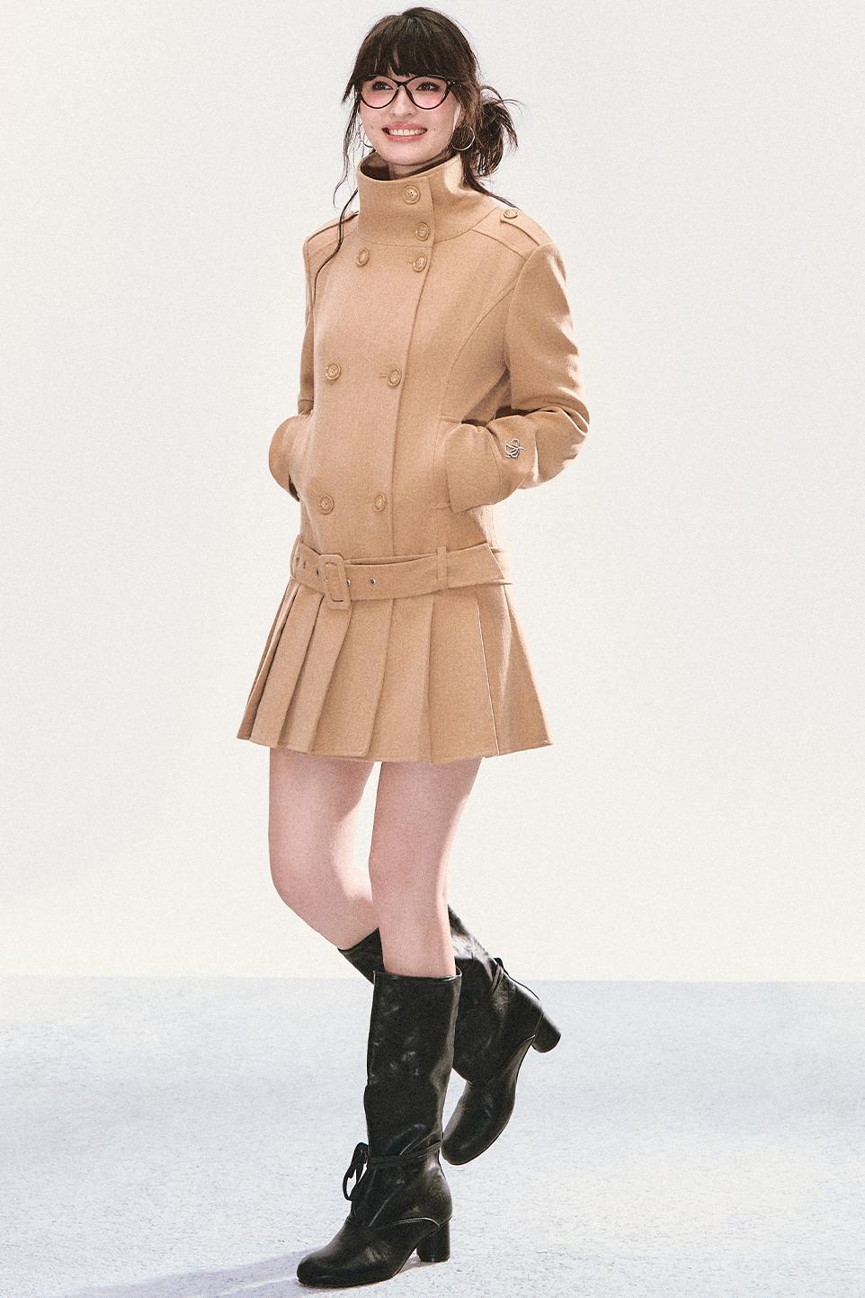 Stand Collar Pleated Coat Dress