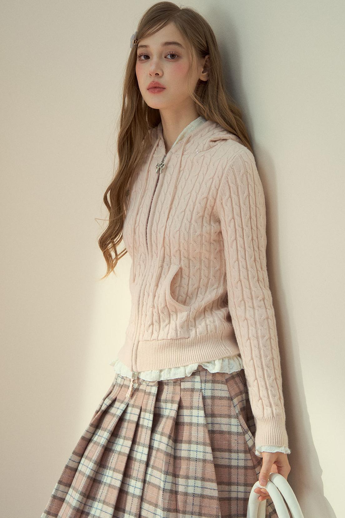 Milk Powder Fur Collar Knit Jacket