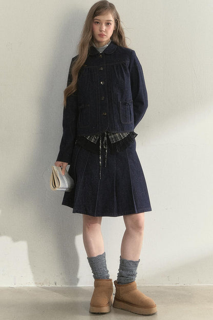 Vintage Dot Denim Pleated Jacket Skirt Set-Up