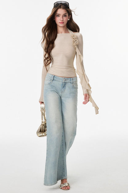 Entanglement Mesh Flower Pleated Off-the-Shoulder T-Shirt