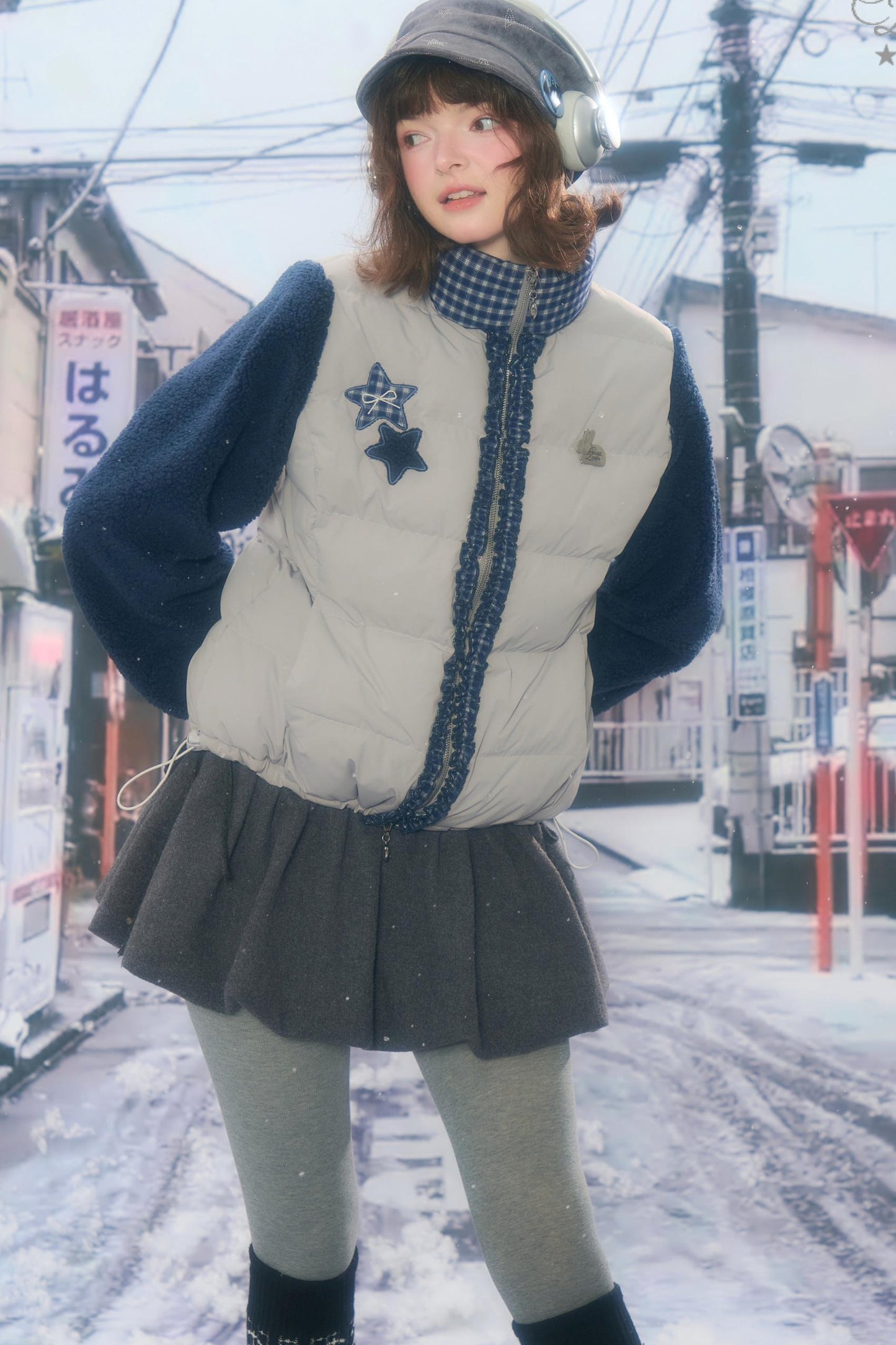 Star Print Color-Blocking Cotton Coat