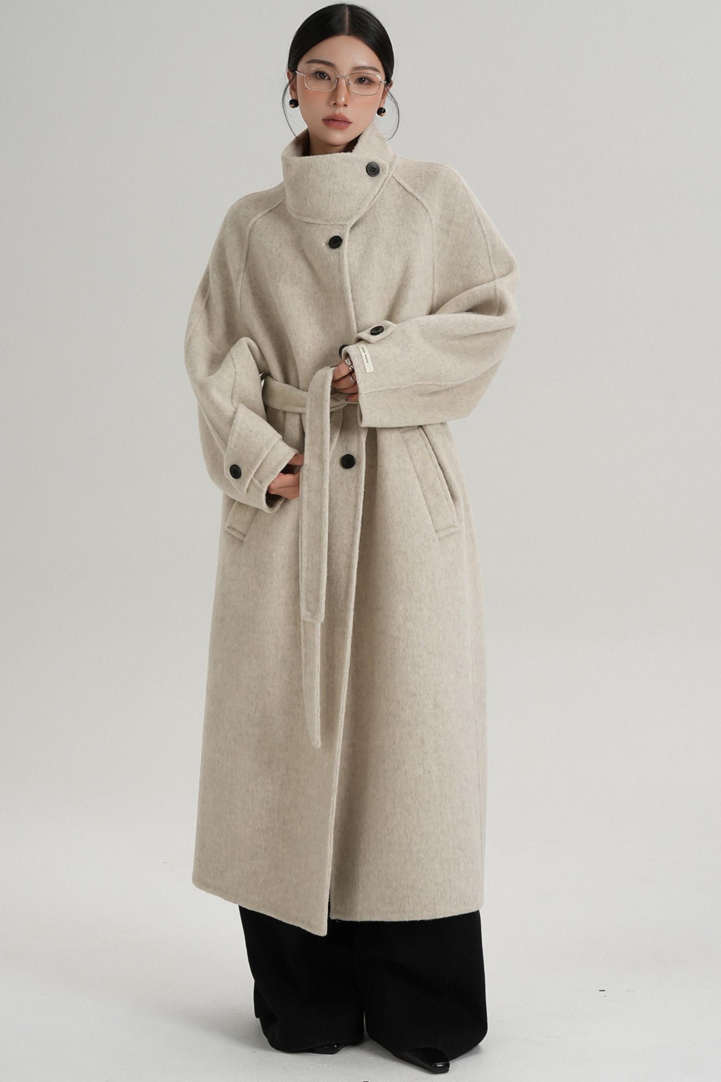 Temperament Diagonal Buckle Wool Coat