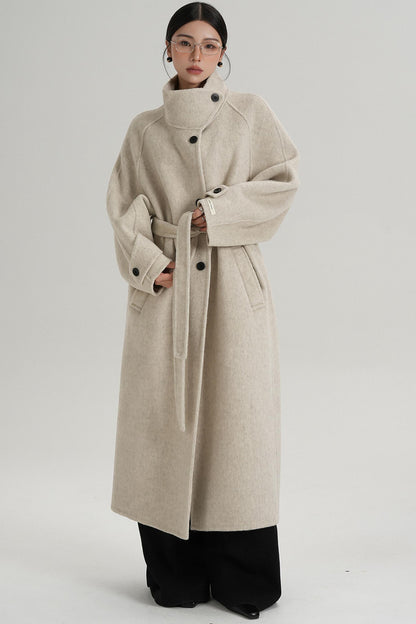 Temperament Diagonal Buckle Wool Coat