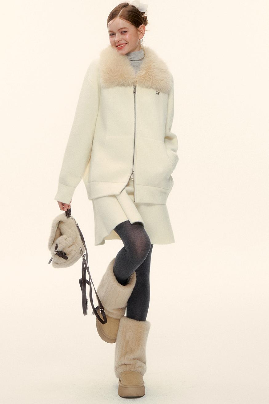Wool Fur Collar Knit Jacket Set-Up