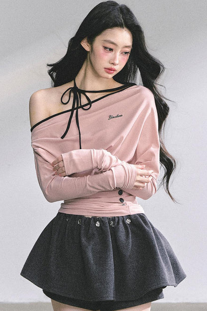 Korean Autumn Gray Halterneck Top