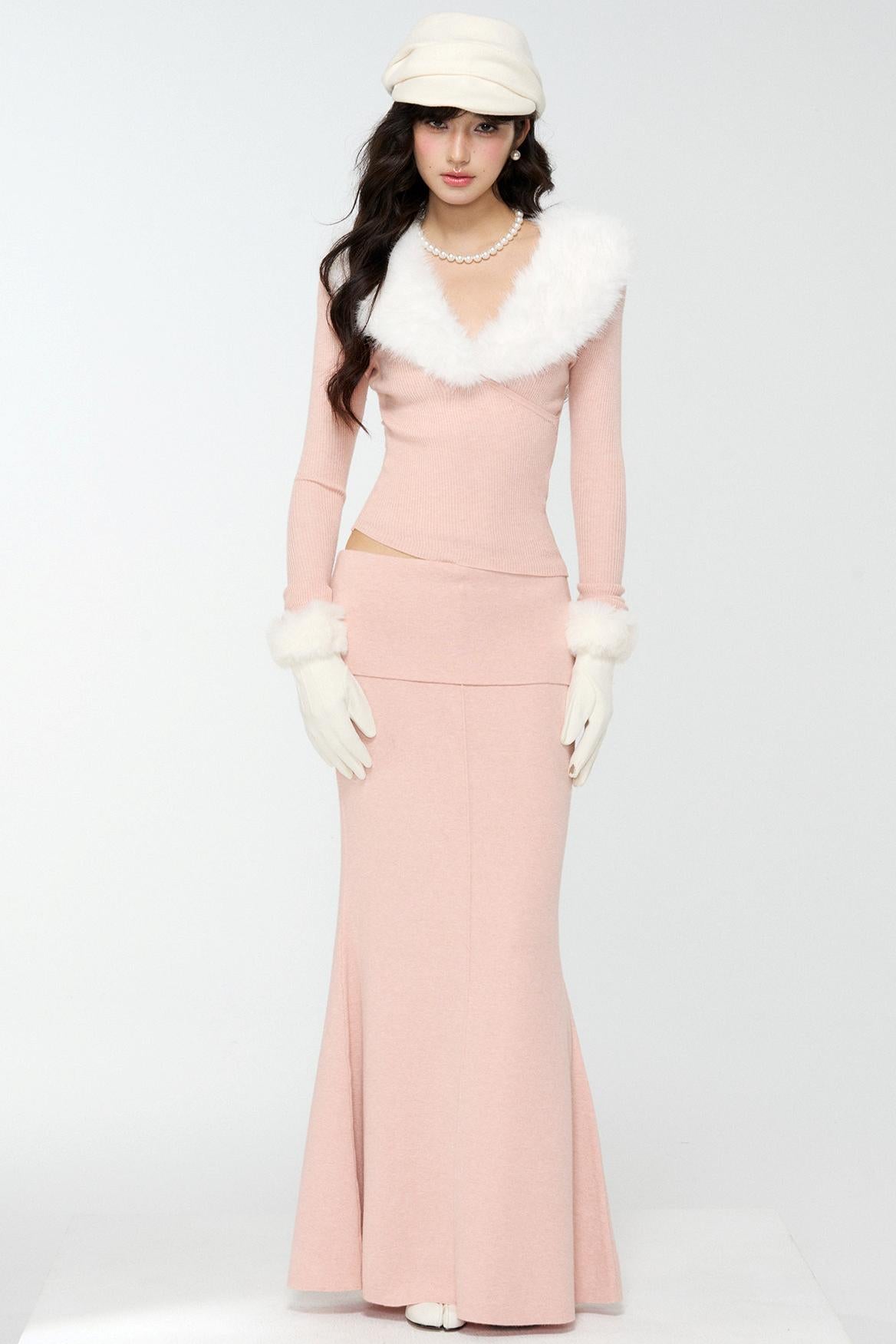 Pink Fur Collar Sweater With Fur Collar Set-Up