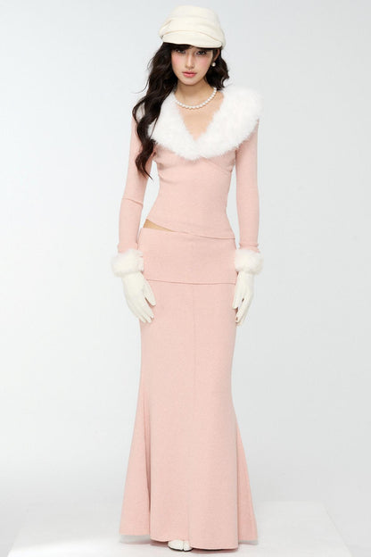 Pink Fur Collar Sweater With Fur Collar Set-Up