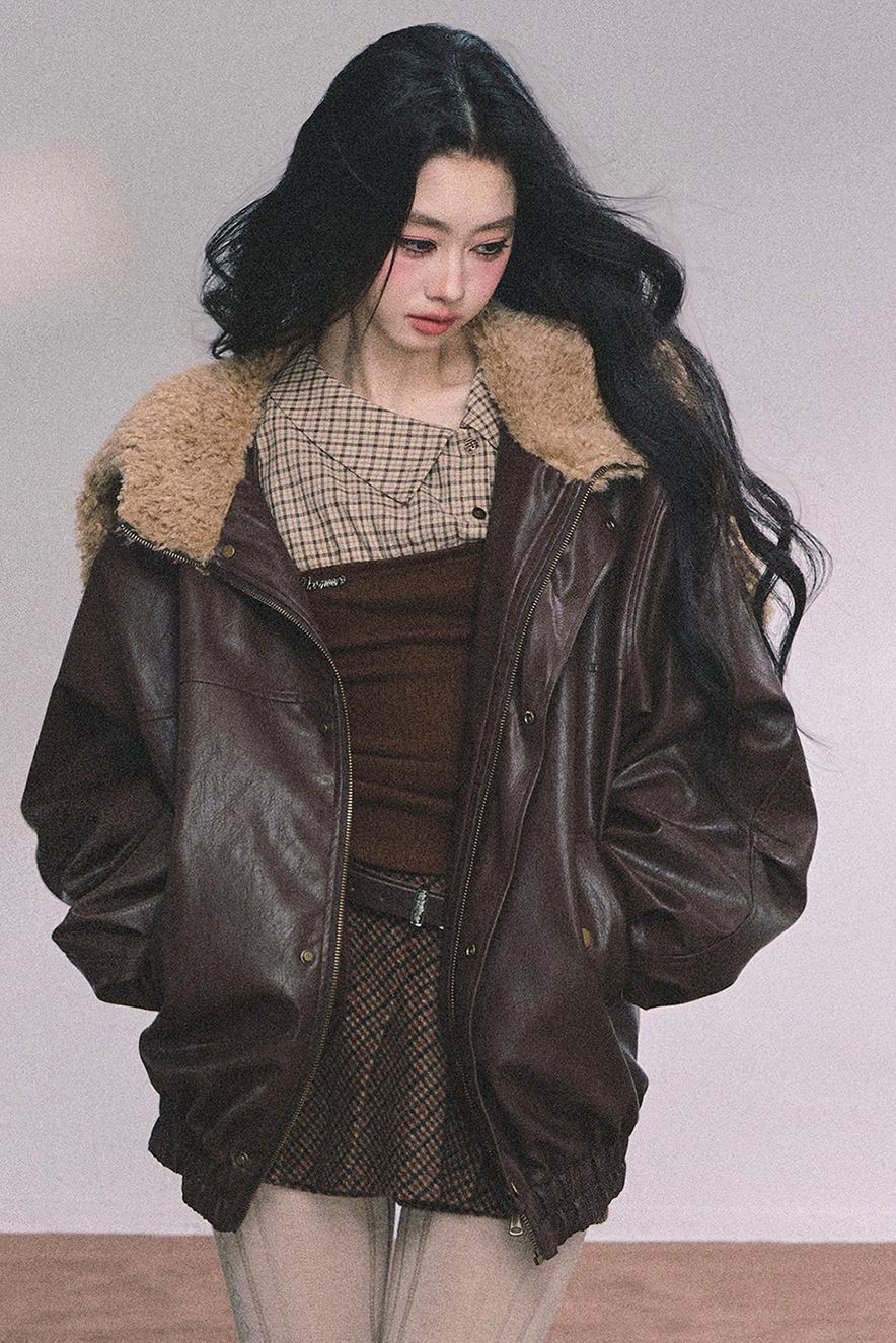 Autumn Navy Lambswool Leather Jacket