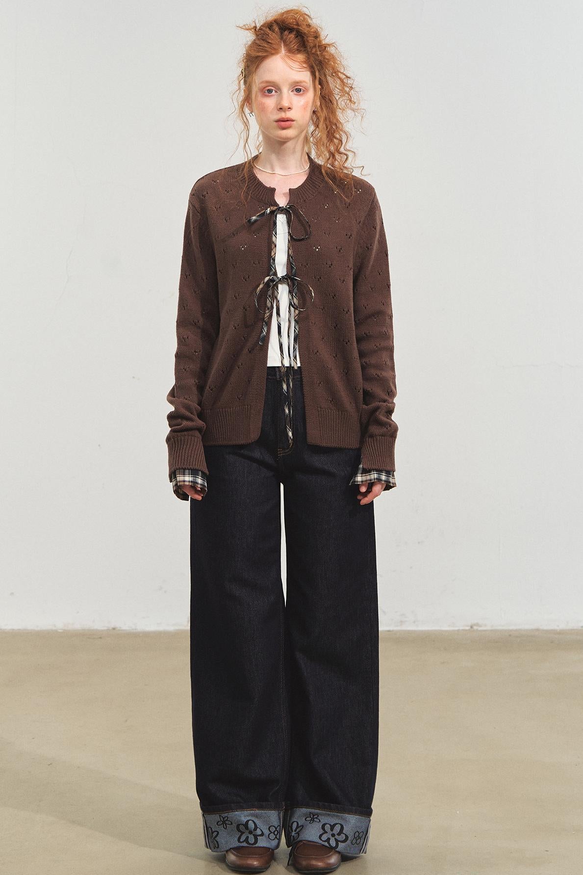 Vintage Plaid Lace-Up Cardigan