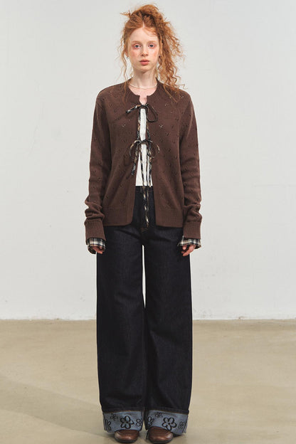 Vintage Plaid Lace-Up Cardigan