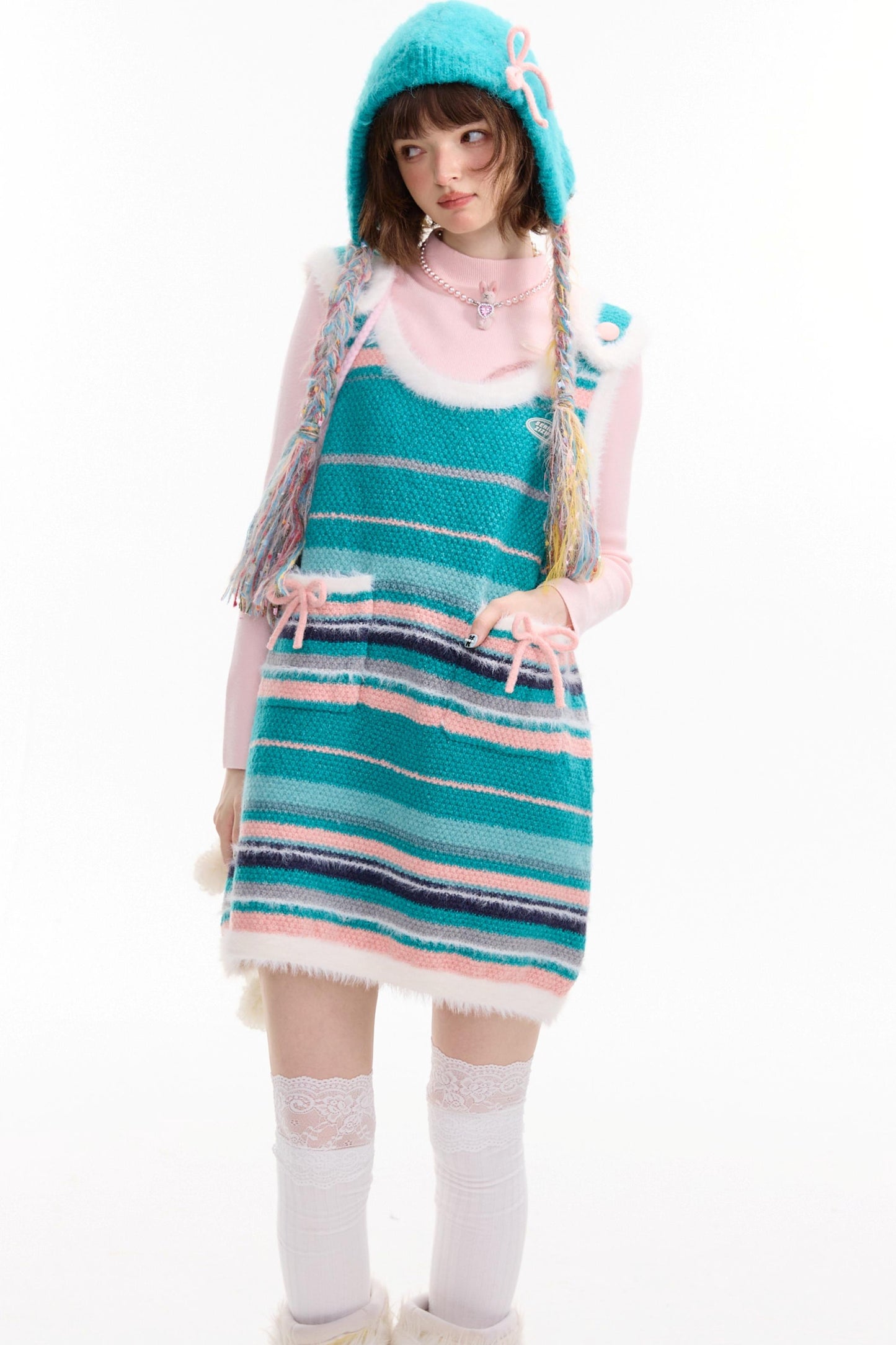 American Retro Striped Bow Knitted Vest Dress
