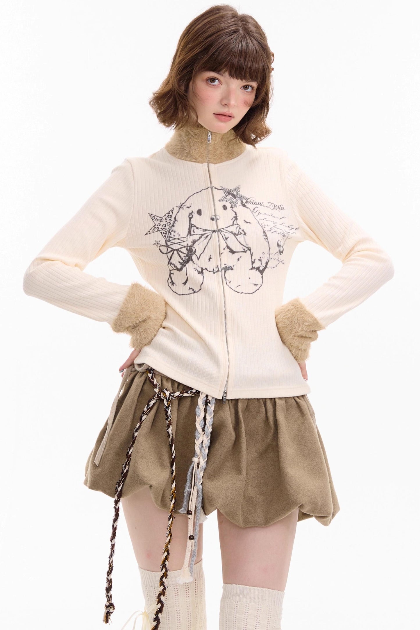 Fur Collar Zipper Rabbit Print Turtleneck Knitted Top