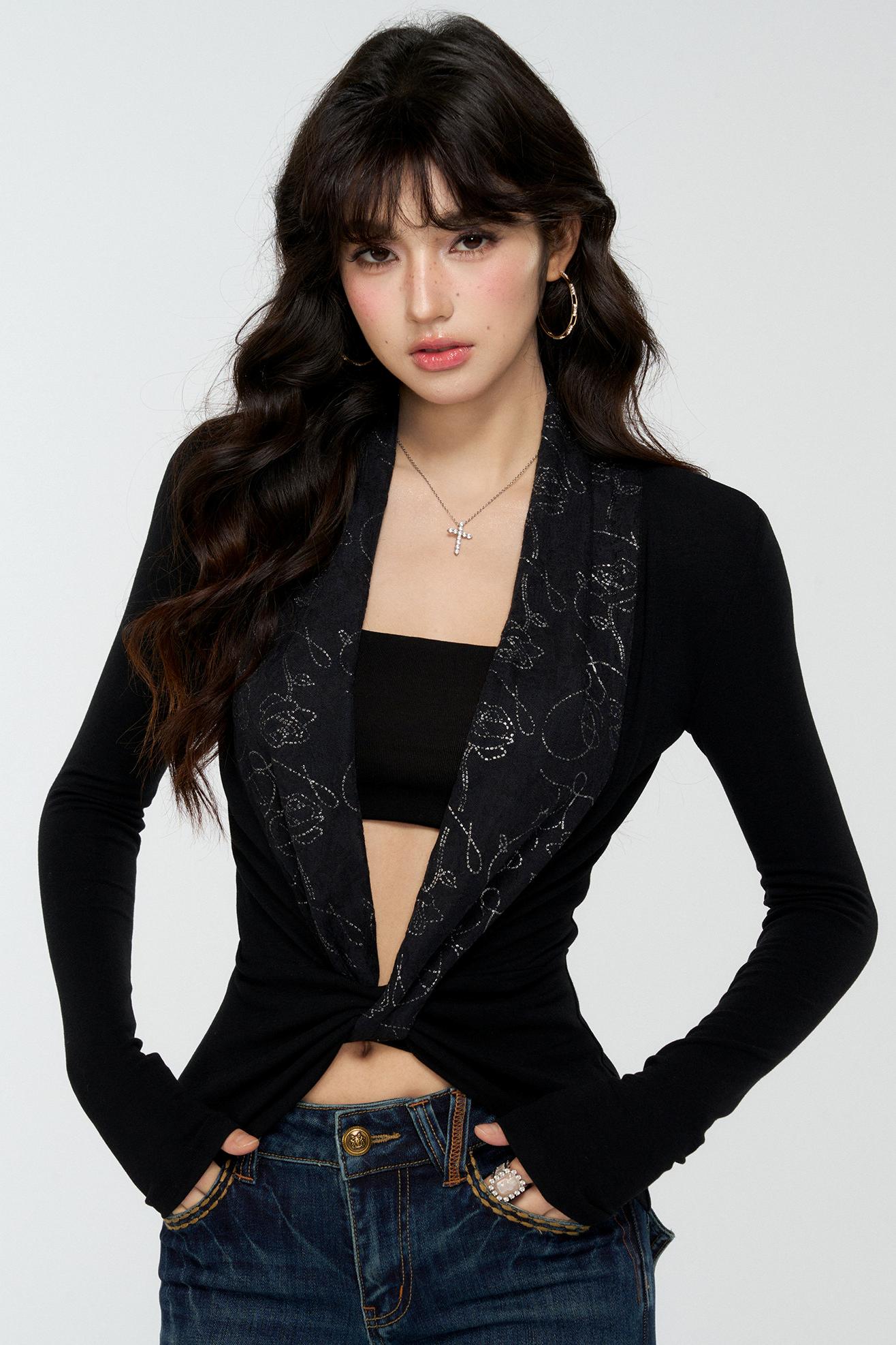 Patchwork Collar Knit Sweater Set