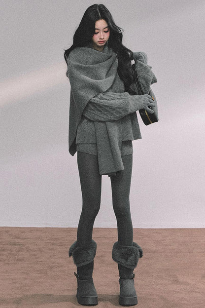 Winter Knitted Scarf Sweater Shorts Set-Up